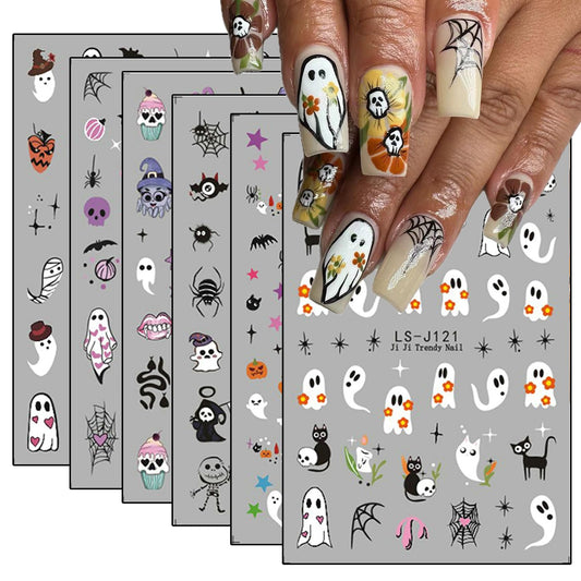 6 Sheets Halloween Nail Art Stickers 3D Self Adhesive Cute Coal Ball Ghost Skull Designs Pumpkin