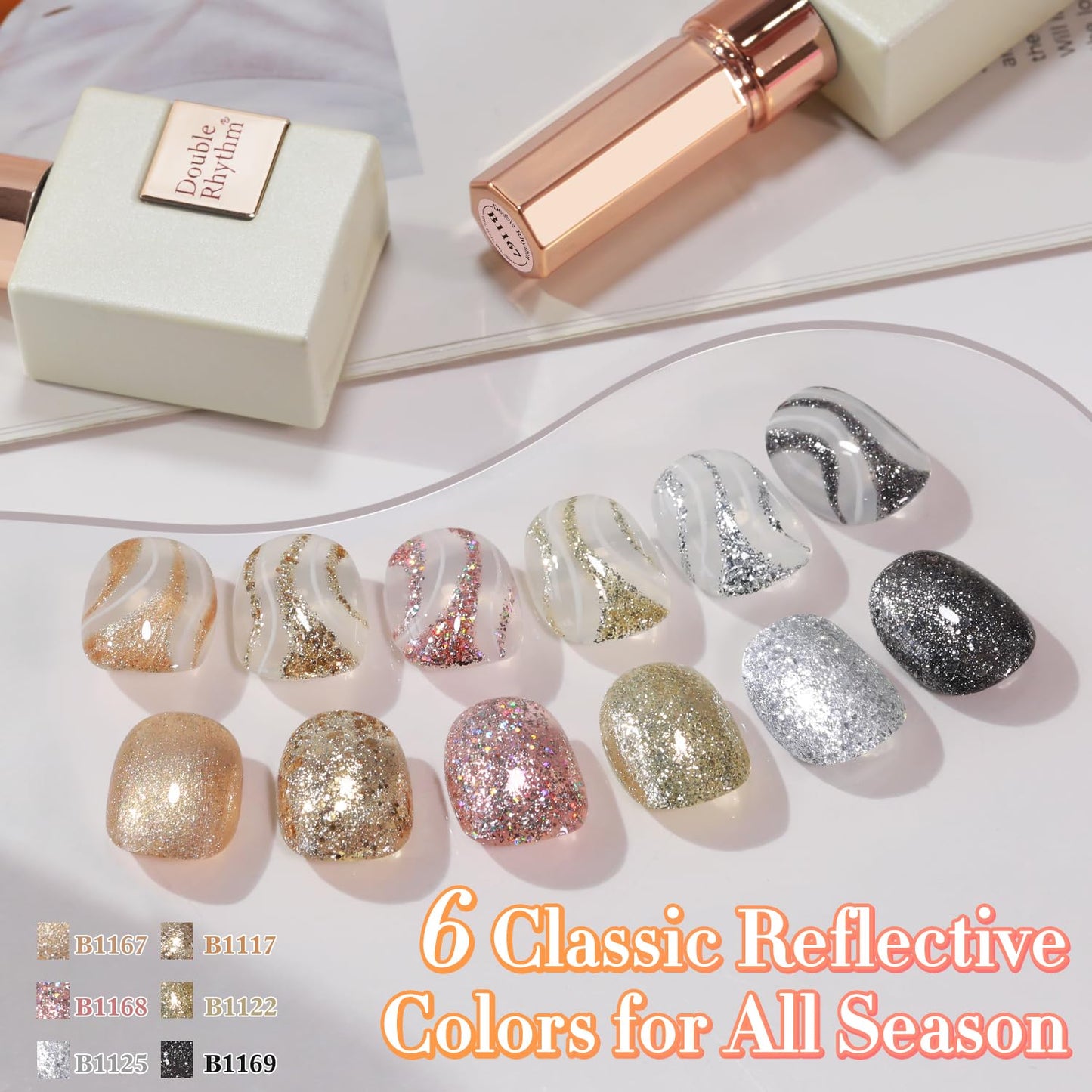 Double Rhythm 0.5 Oz Glitter Gel Polish Set of 6 Color with Display Borad 15 ml Full Size Kit Shimmer Reflective Sparkle Soak Off Manicure Salon DIY at Home (Rose Gold Silver Black Bright-T6-38)