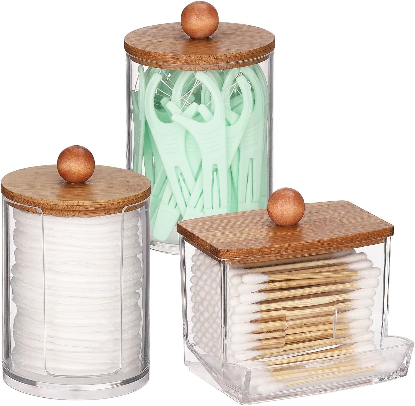 Tbestmax Bathroom Organizer Accessories Set-10 oz,7 oz Qtips Holder Storage with Bamboo Lids, Cotton Ball/Swabs Dispenser, Apothecary Jar 3 Pcs