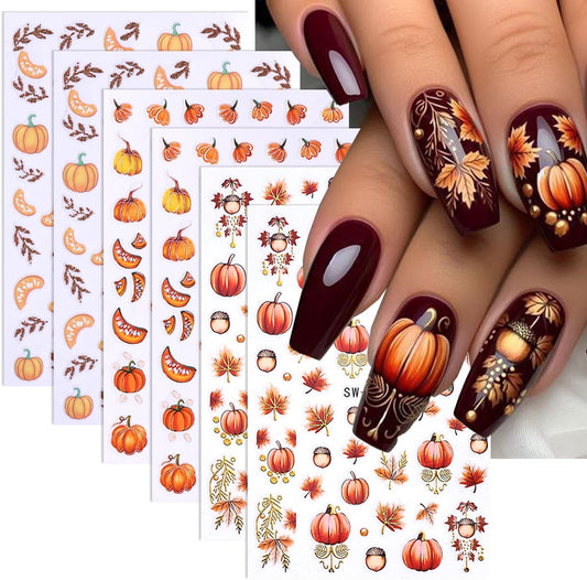 Pumpkin Nail Stickers Fall Nail Decals Maple Nail Art Stickers Glitter Leaves Nut Orange Design