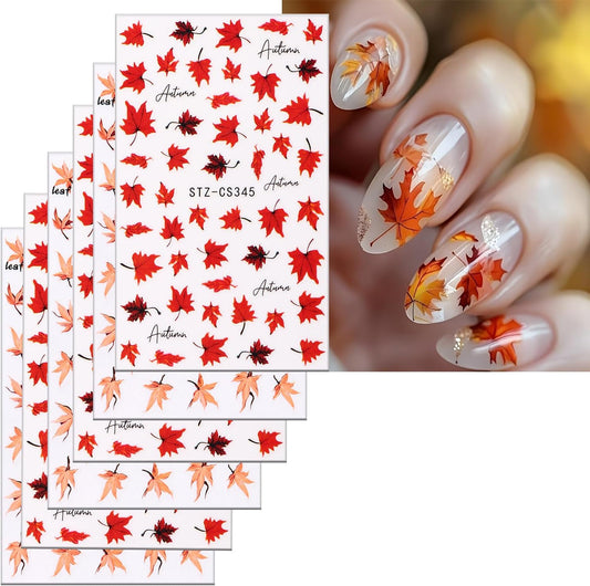 6 Sheets Thanksgiving Day Nail Art Stickers 3D Self -Adhesive Fall Red Maple Leaf Nail Decals