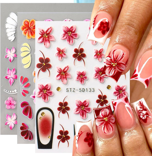 Flower Nail Stickers 3D Self Adhesive Nail Art Stickers 5D Embossed Nail Decals Red Hawaiian Floral