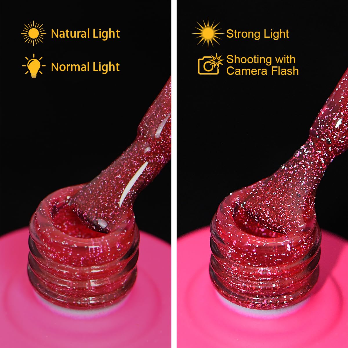 Reflective Glitter Gel Nail Polish, HEMA HPMA TPO Free, Hot Pink Flash Diamond Shimmer, Need UV Lamp Long Lasting Salon Perfect Gel Nail 15ML for Women (Dia-004)