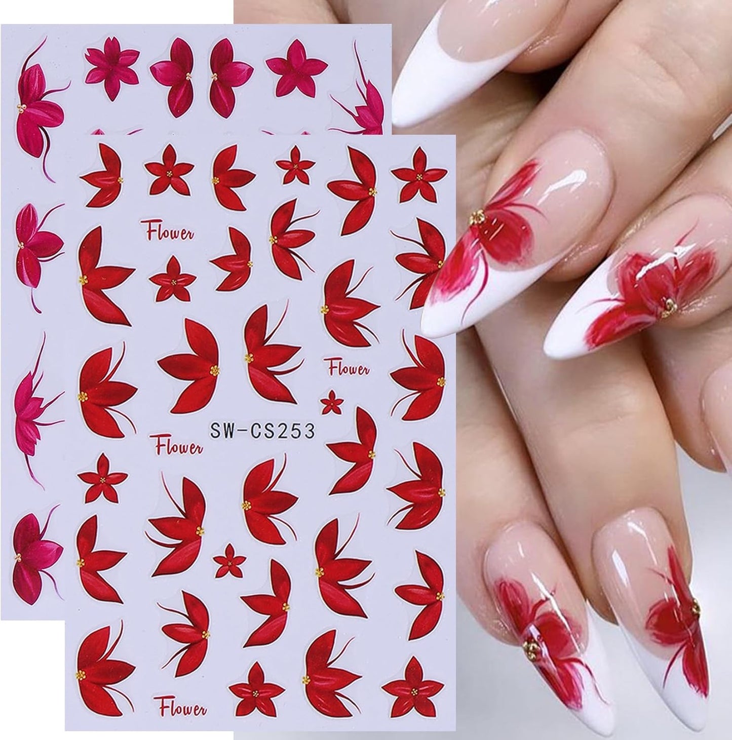 Flower Petal Nail Art Sticker 12 PCS Simple French Floral Nail Decals Lily Orchid Leaves Flamingo Designs with Tweezers Hot Pink Blue Purple Green Flower Sliders Nail Art Decoration DIY Accessories