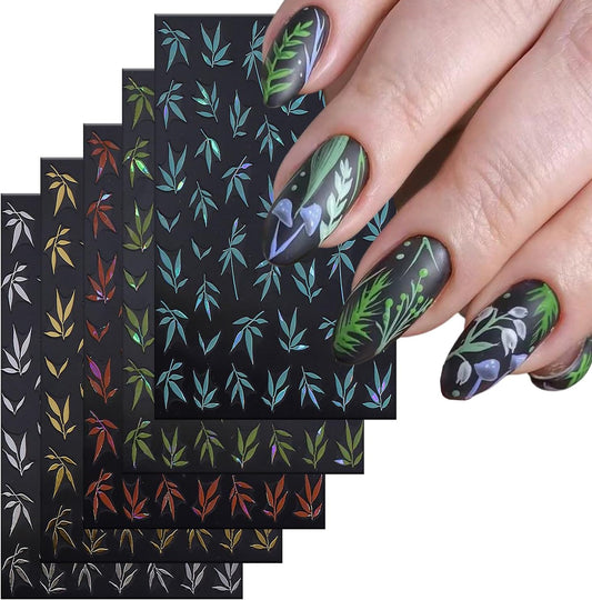 5 Sheets Bamboo Nail Art Stickers 3D Self -Adhesive Colorful Bamboo Nail Decals Holographic Gold