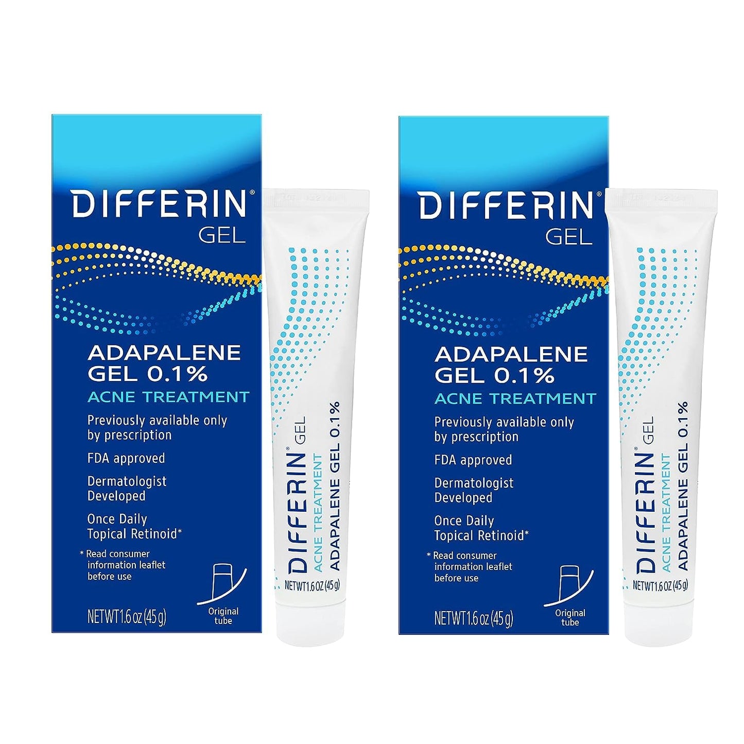 Differin Acne Retinoid Treatment Gel, 0.1% Adapalene, 45g Tube, 2ct
