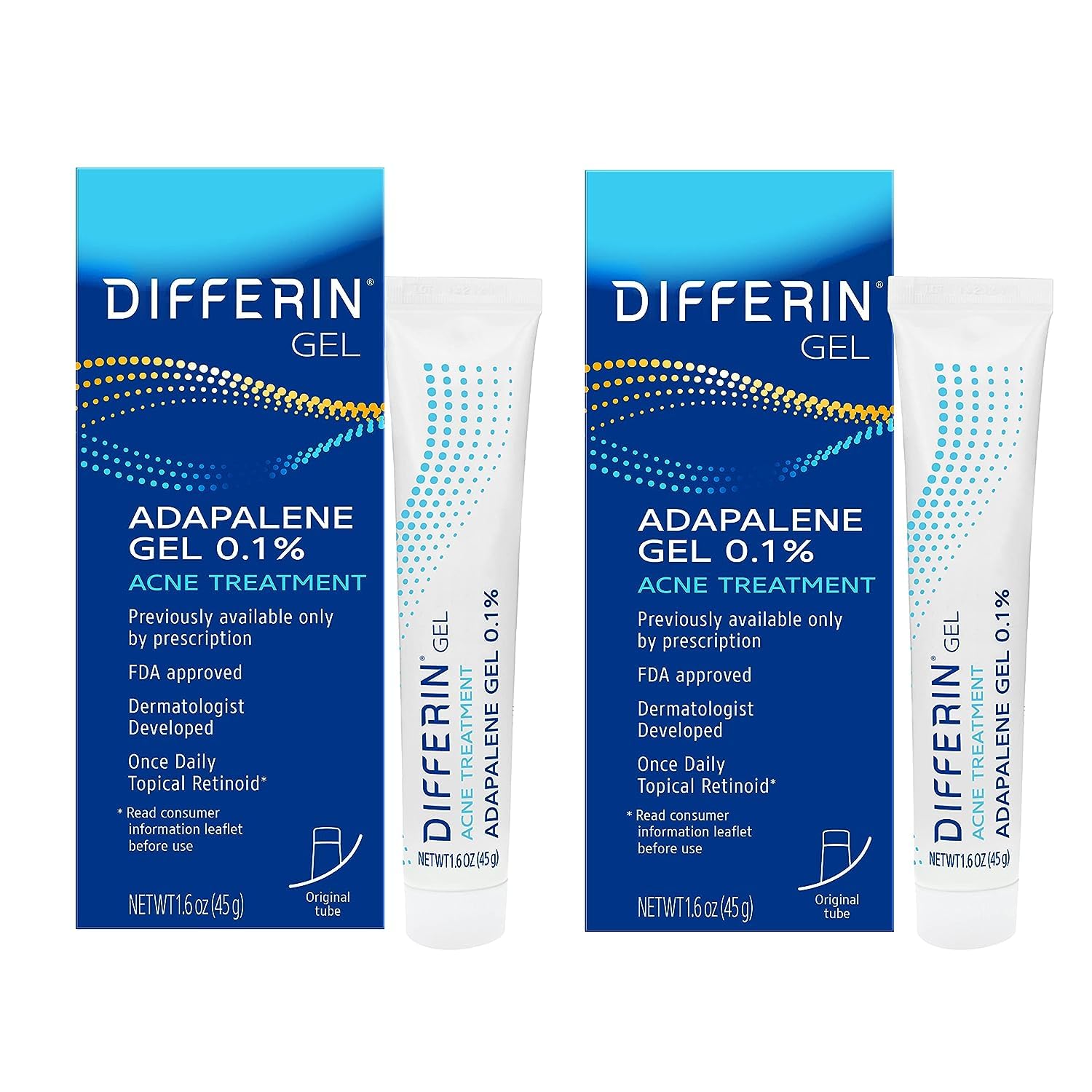 Differin Acne Retinoid Treatment Gel, 0.1% Adapalene, 45g Tube, 2ct