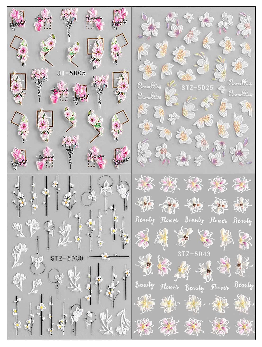 3D Embossed Flower Nail Art Stickers Decals Self-Adhesive Pegatinas Uñas 5D Floral Nail Supplies Nail Art Design Decoration Accessories 4 Sheets