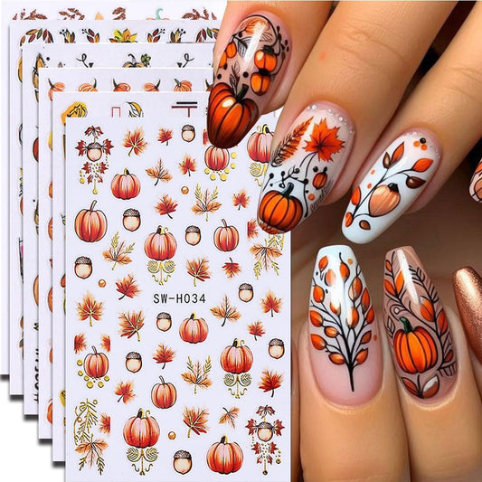 6Pcs Fall Nail Stickers Thanksgiving Pumpkin Nail Decals DIY Self Adhesive Maple Leaves Nail Design