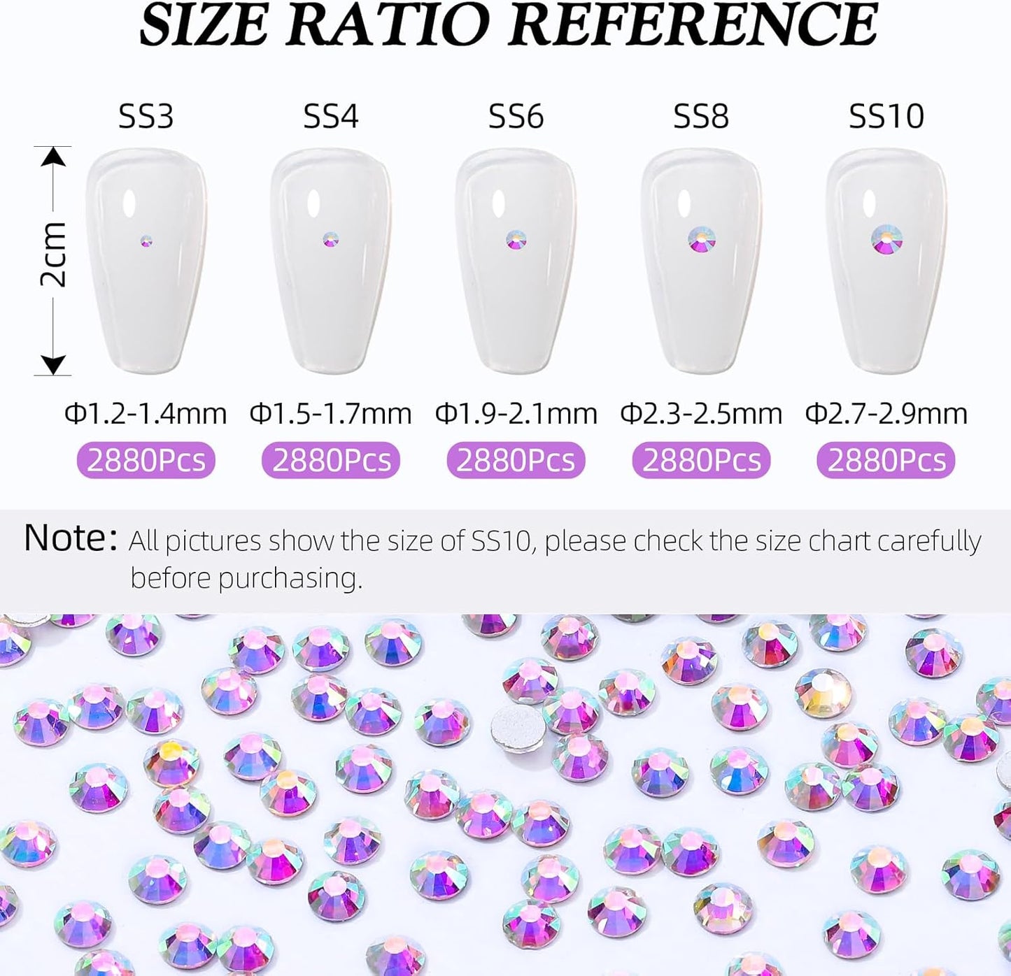Crystal AB Flatback Rhinestones, Glass Rhinestones for Nail Art and Craft, Glue Fix, Loose Crystal Gemstones(Crystal AB, SS10, 2880pcs, 2.7-2.8mm)