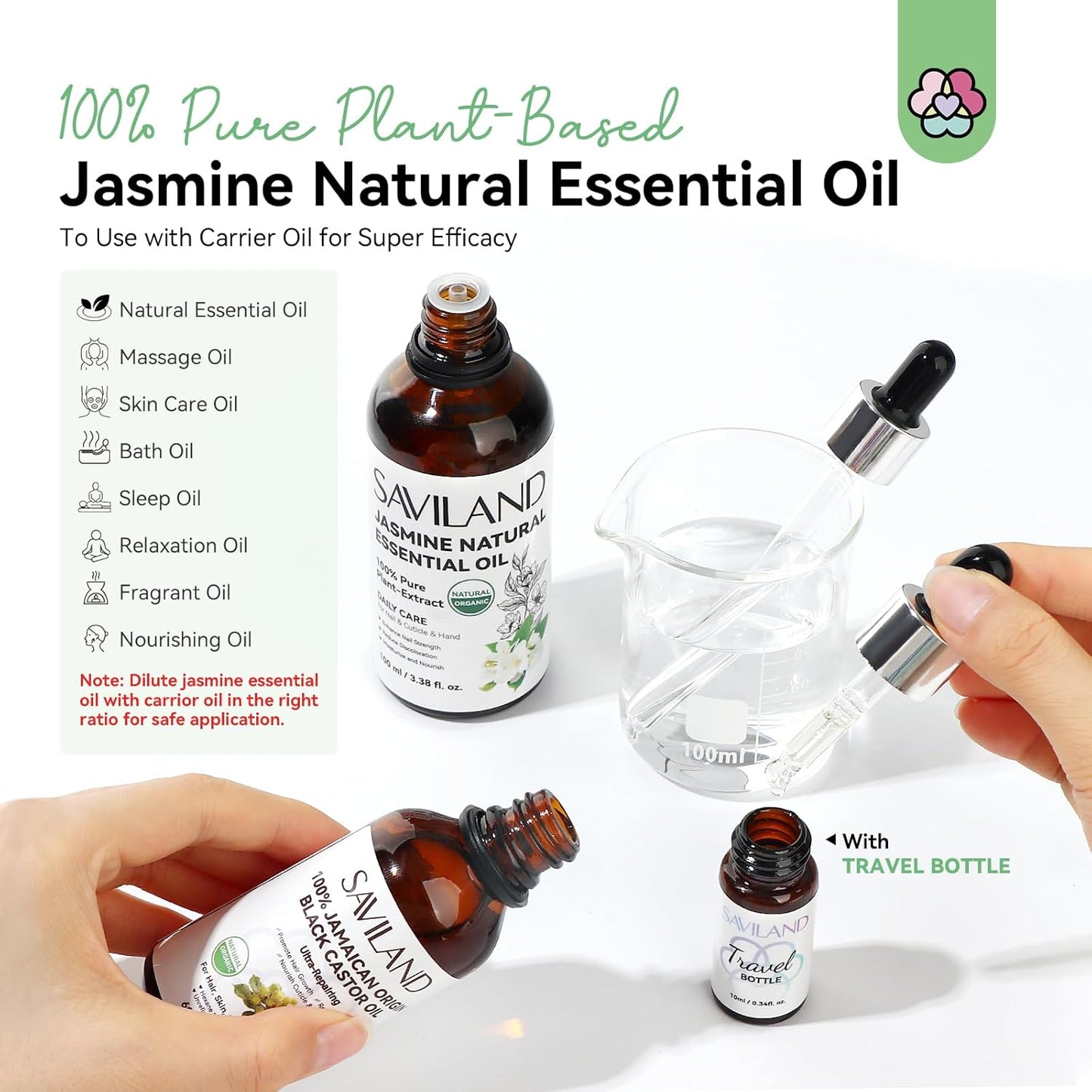 SAVILAND Jasmine Essential Oil for Cuticle Nails Hands: Ultra Repairing Cuticle Oil 100% Pure Plant-Based Nail Strengthener Hand Oils for Dry Hand Damaged Cuticle Weak Nail Care with Travel Bottle