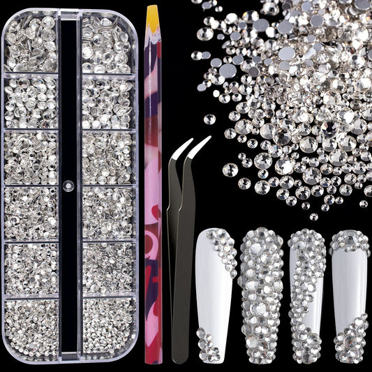 6 Sizes Transparent White Silver Glass Crystal Kit with Pickup Pen + Tweezer Tools for Shine Nail