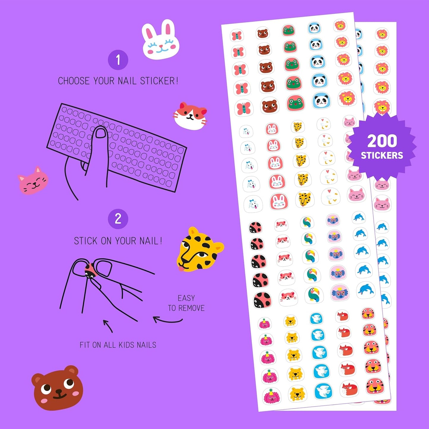 Omy Friends & Animals Nail Stickers for Kids - 200 Stickers, Waterproof, Durable, Fun, Creative Designs | Strong Enough to Last Through Hand Washing - Easy to Apply, Safe, Non-Toxic | Age 3 and Up
