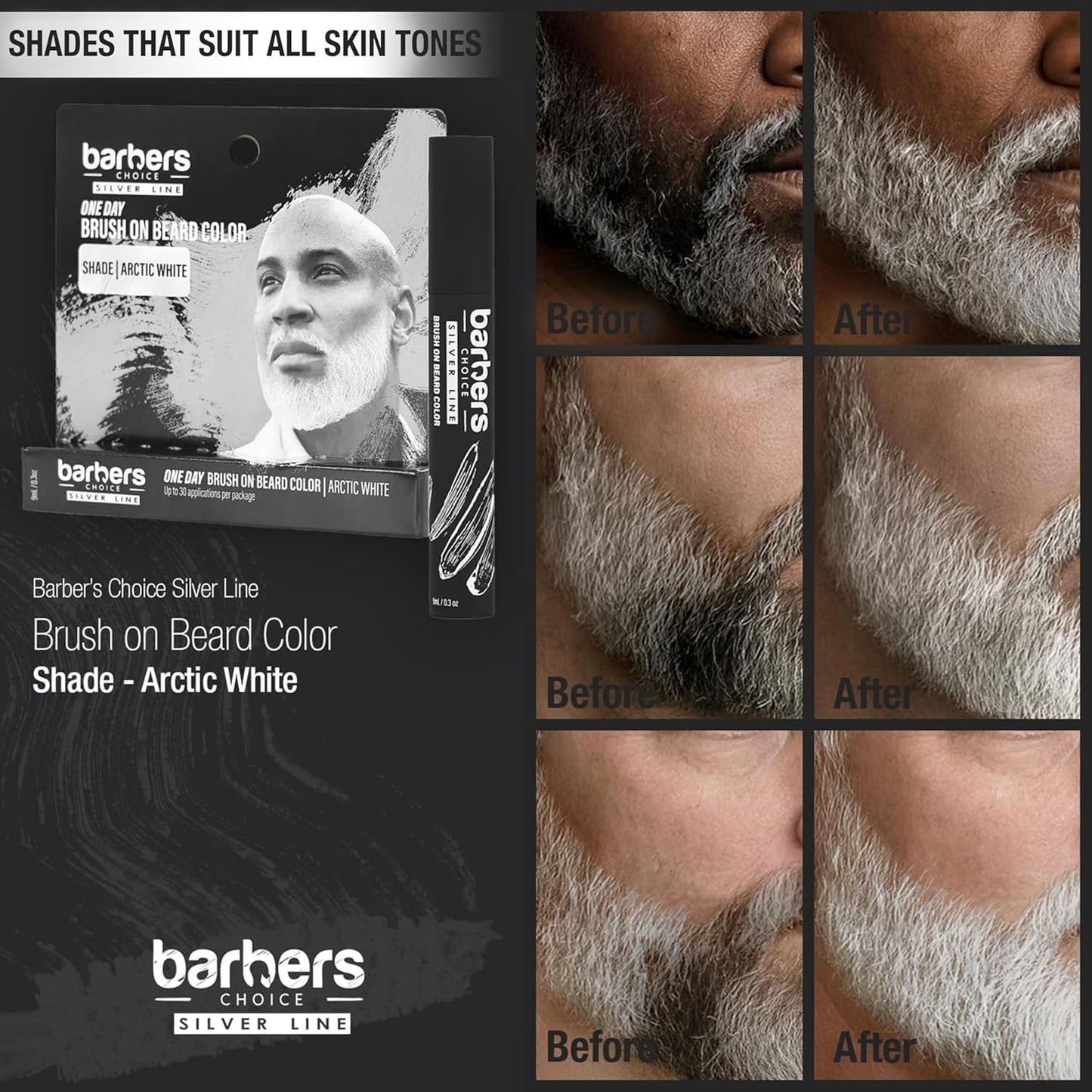 Barbers Choice Silver Line, Facial Hair Brush on Temporary Color for Silver Fox Men- Instantly Brighten White Beards, Mustache & Sideburns, Less Yellow, Easy Application, Arctic White