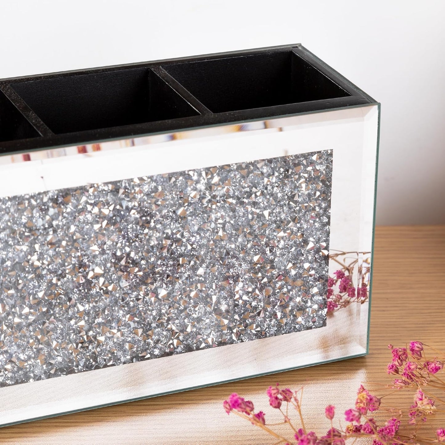 SHYFOY 4-Compartment Makeup Brush Holder, Mirrored Makeup Organizer with Crushed Diamond Crystals, Vanity Cosmetics Organizer Solution, Pencil Holder Organizer for Desk