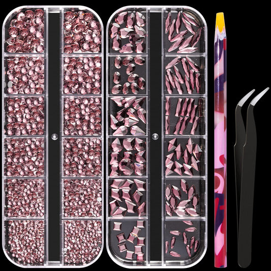 Multi Shapes Light Purple 3D Glass Crystal Nail Art Rhinestones Kit with Flatback Round Bead Charm