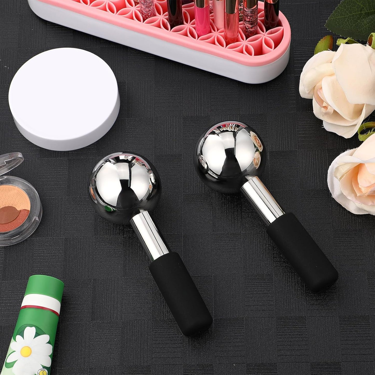 Baderke 2 Pcs Ice Globes for Face Stainless Steel Cooling Globes Unbreakable Cooling Roller Women Ice Balls Cryo Sticks Face Skin Care for Dark Circles, Puffiness(Silver (black Handle))