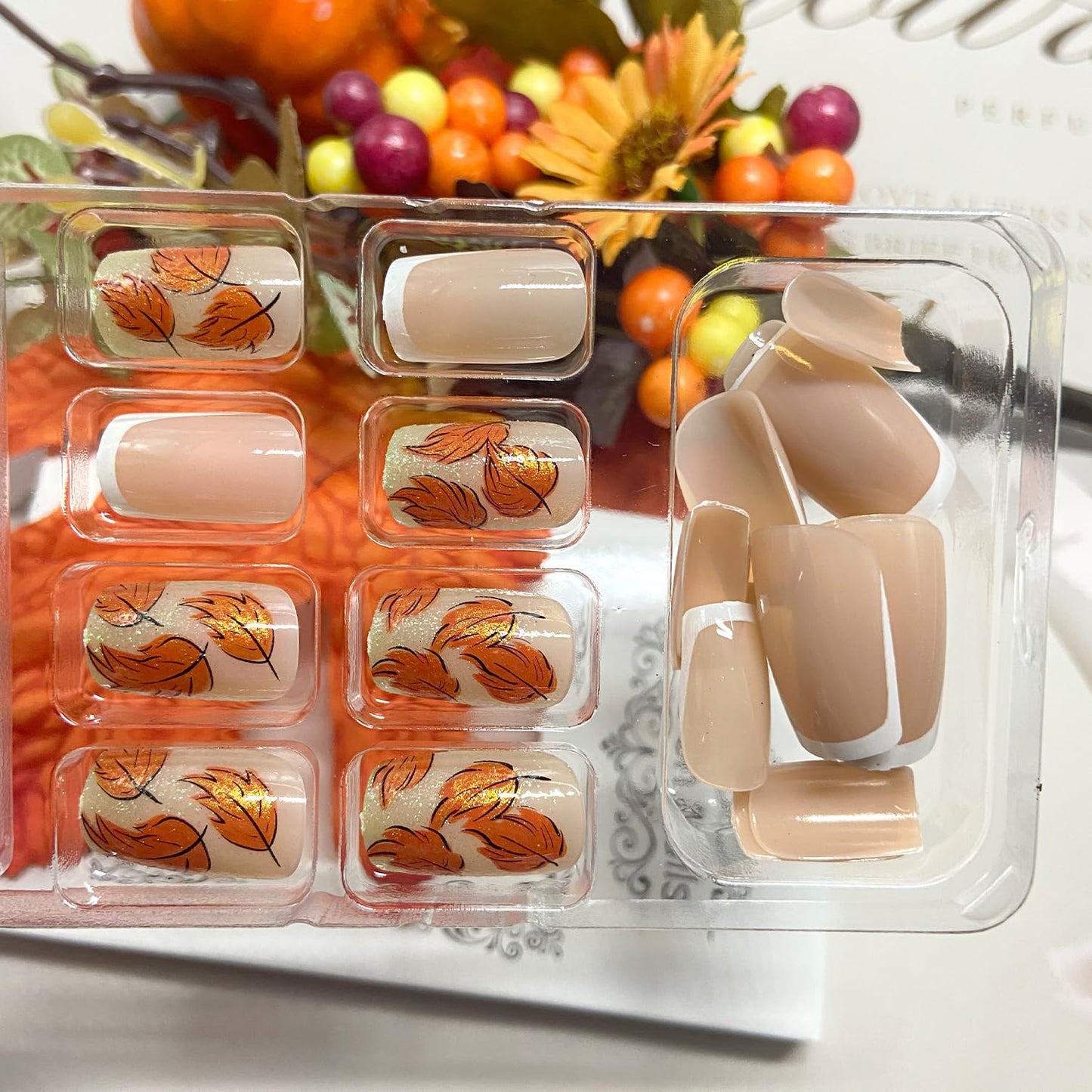 White French Tip Fall Press on Nails Medium Square Maple Leaf Fake Nails Glossy Thanksgiving Acrylic Glue on Nail Autumn Maple Leaves Artificial Stick on Nail for Women DIY Manicure