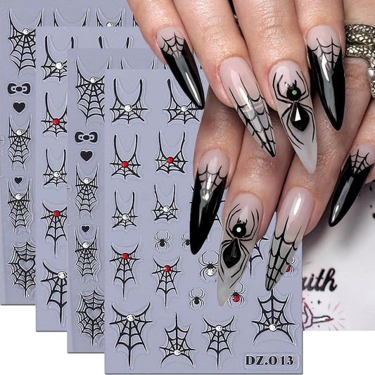4PCS Halloween Nail Art Stickers Black Spider Web Spider Nail Decals with Rhinestone Crystal Spider