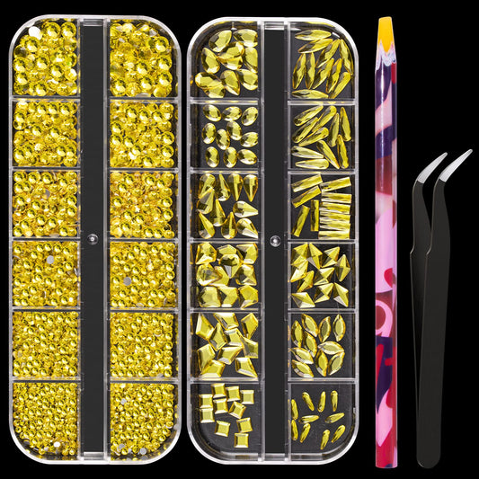 Multi Shapes Lemon Yellow 3D Glass Crystal Nail Art Rhinestones Kit with Flatback Round Bead Charm