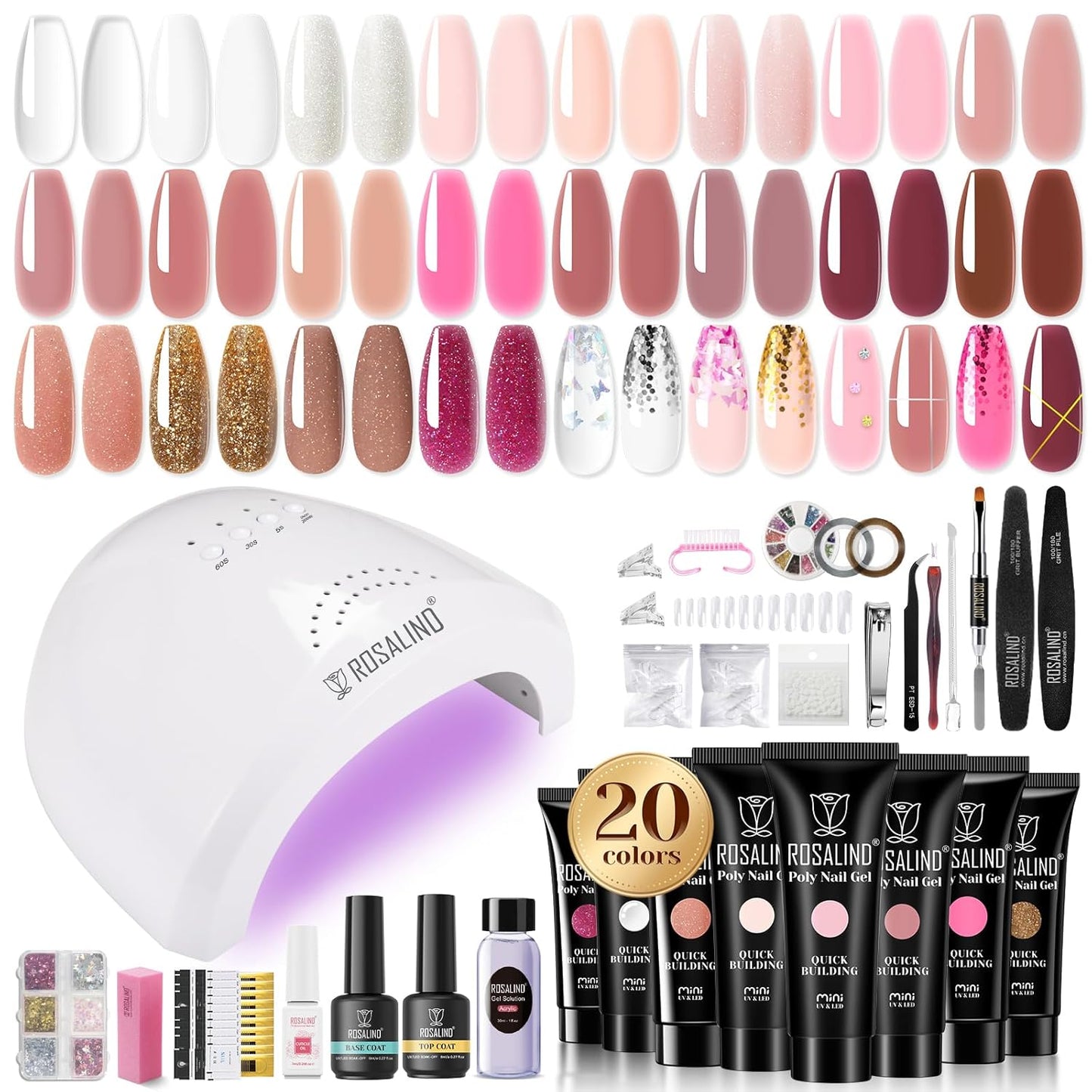 ROSALIND 20PCS Poly Nail Gel Kit -White Clear Poly Nails Gel Kit Starter Kit - Slip Solution Pro Nude Pink Nail Extensions Gel Set With UV Lamp Drill Nail Art Builder Kit
