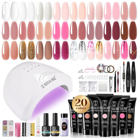 ROSALIND 20PCS Poly Nail Gel Kit -White Clear Poly Nails Gel Kit Starter Kit - Slip Solution Pro Nude Pink Nail Extensions Gel Set With UV Lamp Drill Nail Art Builder Kit