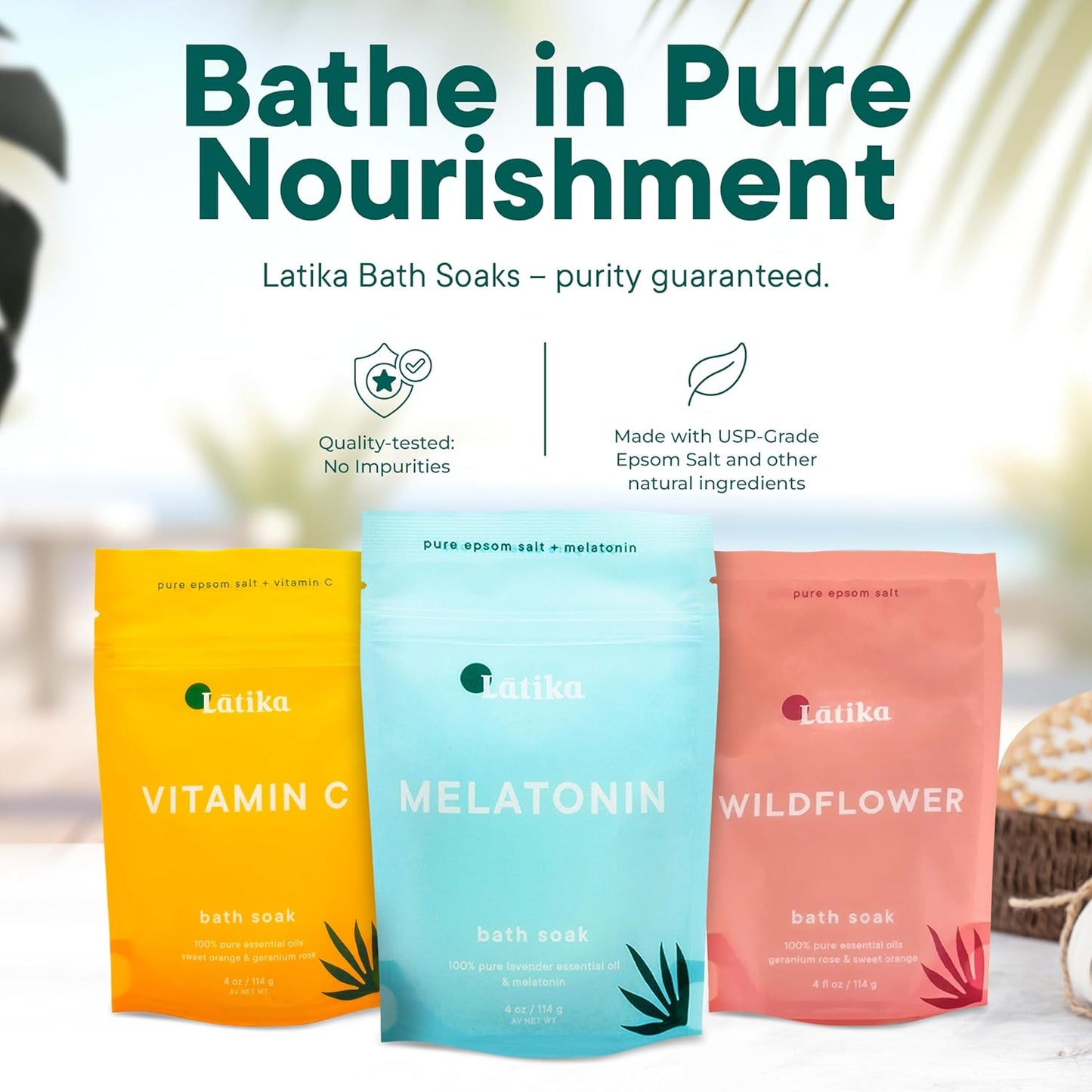 Soaks Set of 3 - Wildflower, Melatonin, Vitamin C - Moisturizing Bath Soak with Epsom Salt & Essential Oils for Stress Relief, Muscle Recovery, & Relaxation - at-Home Spa