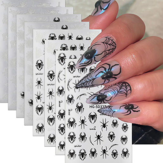 8 Sheets Halloween Nail Art Stickers Spider Nail Decals 3D Self-Adhesive Black and White Spider Web