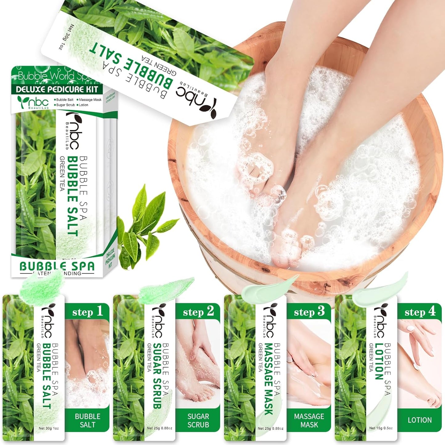Pedicure Kit Foot Soak Set: Bubble Salt, Sugar Scrub, Massage Mask, Massage Lotion in a Box, 4 Step Foot Spa Kit for Dry Feet, Calluses and Tired Feet (1 Set Green Tea)