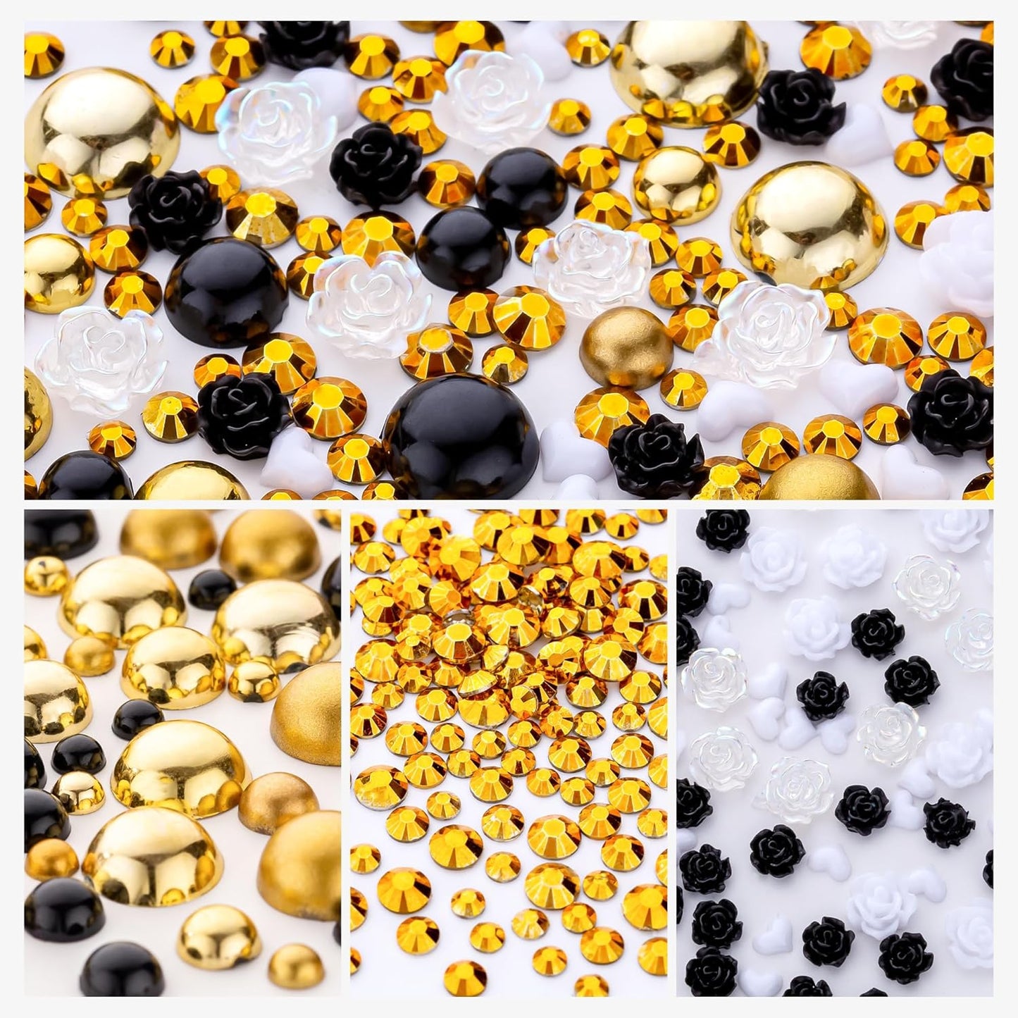 160g Gold Black Flatback Pearls Rhinestones with Gel for Crafts Mixed Size 3mm-10mm AB Color Round Half Pearls Flatback Pearl Beads and Resin Rhinestones Set for Face Art