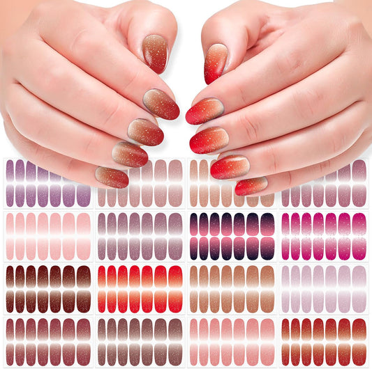 DANNEASY 16 Sheets Nail Polish Stickers Full Nail Wraps for Women Blue Glitter&Solid Color