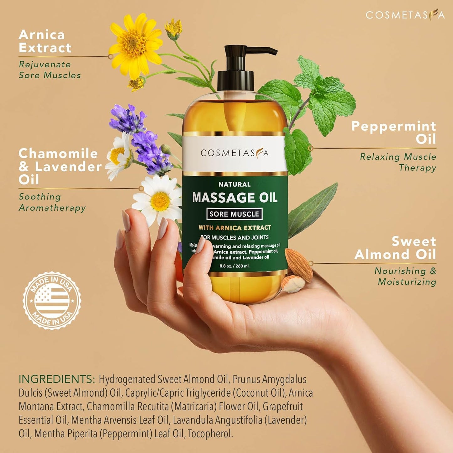 Cosmetasa Sore Muscle Massage Oil - 8.8 oz, Soothes Muscle and Joint with Arnica Extract, Peppermint, Chamomile, and Lavender Oil (8.8 oz, Sore Muscle)
