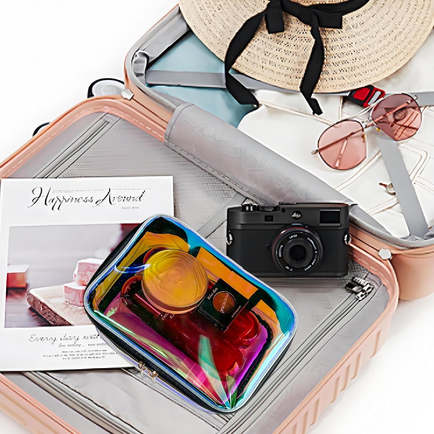 TPU Holographic Pink Makeup Bags Clear Travel Storage Bag Toiletry Pocket Portable Zippered Iridescent Pouch Waterproof Cosmetic Gift Bags for Women