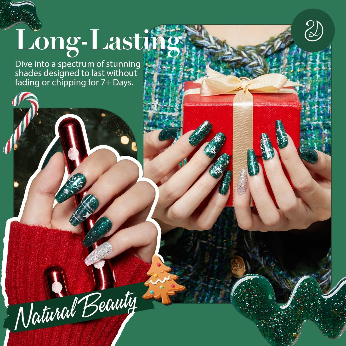 AZUREBEAUTY Christmas Nail Polish Quick Dry Green Glitter Nail Polish Natural Shine Nail Lacquer Salon-Quality for Women Girl Gift Set 1Pcs 0.34 fl oz