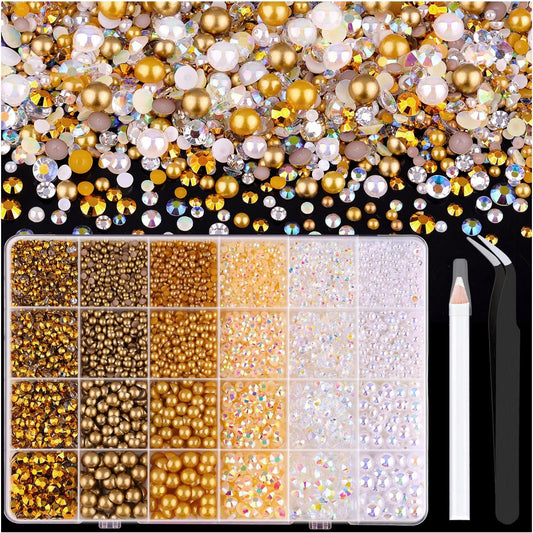 9000PCS Flatback Pearls and Rhinestones for Crafting, White Brown Mixed Size 3-10mm Resin