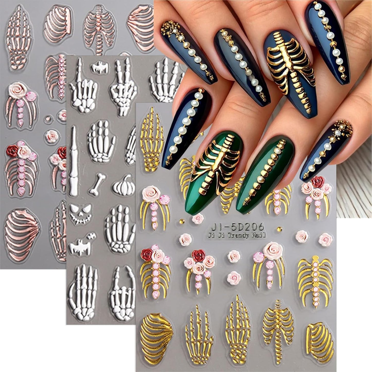 Halloween Nail Art Stickers Decals 5D Skeleton Hand Nail Decals 3PCS Embossed Self-Adhesive Spooky White Rose Gold Skull Design Gothic Holiday Nail Charms for Women DIY Manicure Accessories Supplies