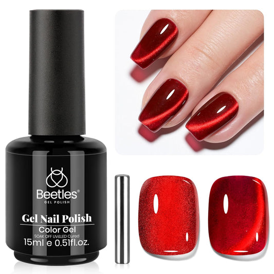 beetles Gel Polish Ruby Red Cat Eye Gel Nail Polish - 15ML Red Glitter Gel Polish Fall Nail Gel Magnetic Shimmer Effect Soak Off UV French Nail Art Design Salon DIY Manicure Gifts for Wome