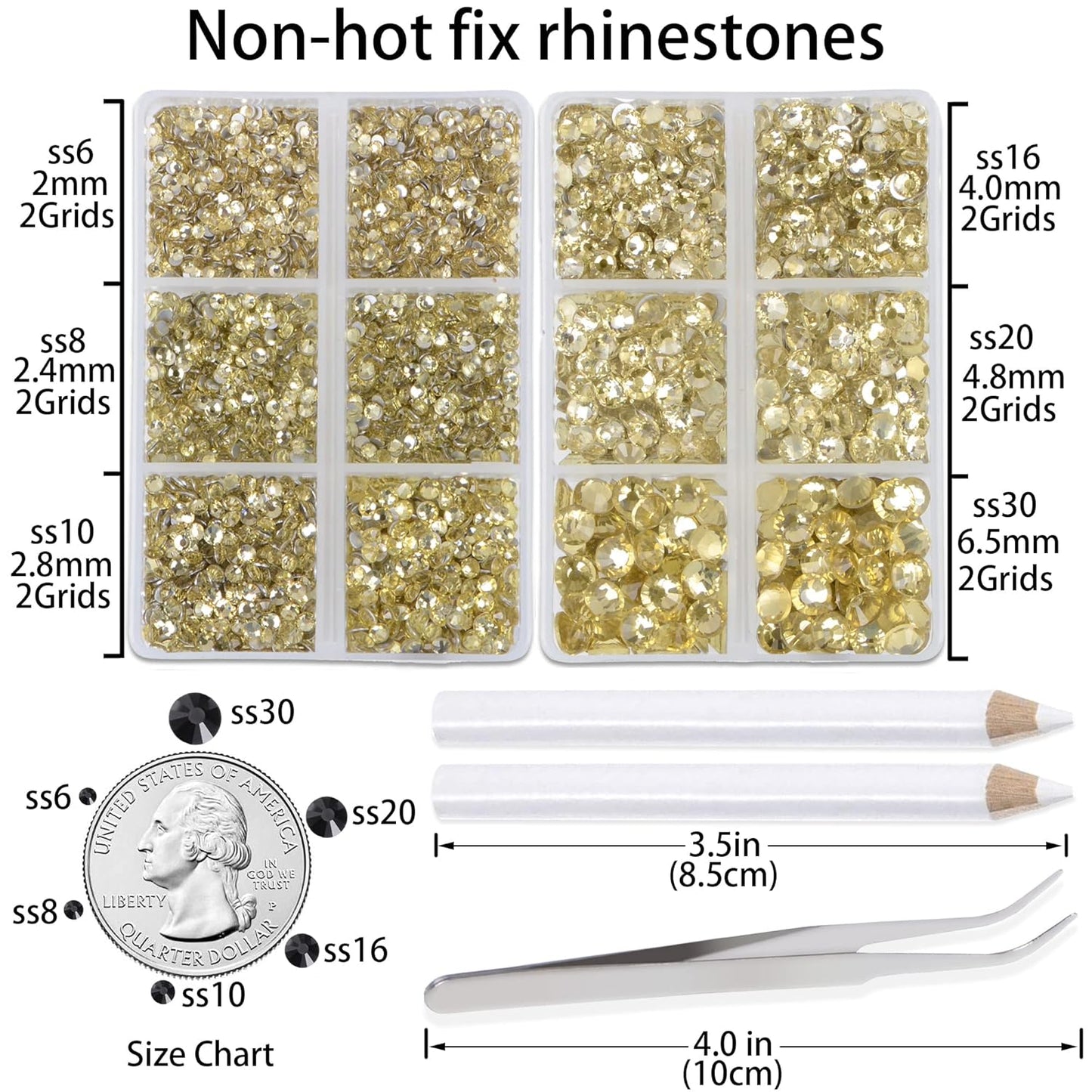 LPBeads 6000 Pieces Jonquil Non Hotfix Rhinestones 6 Sizes Round Crystal Glass Flat Back Rhinestones with Tweezers and Picking Pen for Nail Art Crafts Clothes Bags DIY