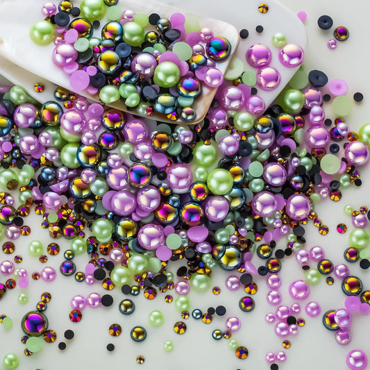 60g Cyan Purple Flat Back Pearls Rhinestones for Crafts Mixed Size 3mm-10mm AB Color Round Half Pearls Flatback Pearl Beads and Resin Rhinestones Set for Face Art with Gel