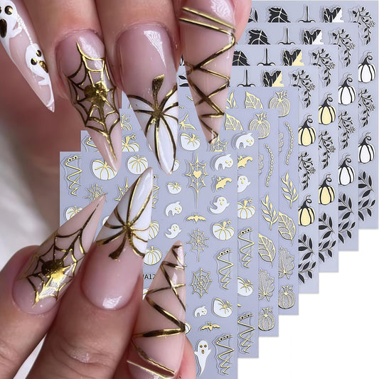 8 Sheets Fall Halloween Nail Stickers for Nail Art Pumpkins Nail Decals 3D Self-Adhesive Autumn