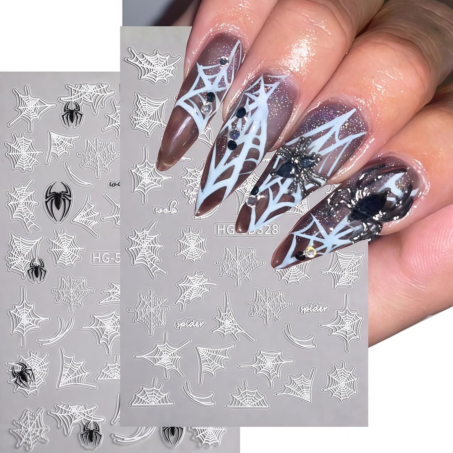 Halloween Nail Art Stickers Decals Black White Spider Web Spider Pattern Design 3D Self-Adhesive Nail Stickers Halloween Spider Nail Art Decals for Women DIY Festival Salon Manicure Decoration