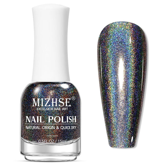 MIZHSE Holographic Nail Polish, Black Glitter Nail Polish Air Dry Fast, 15 ml 0.5 fl oz High Glossy