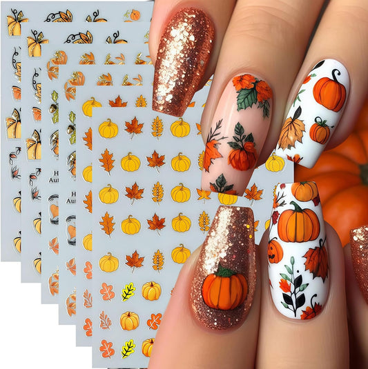 6 Sheets Fall Nail Stickers Thanksgiving Nail Decals 3D Self-Adhesive Glitter Autumn Maple Leaves