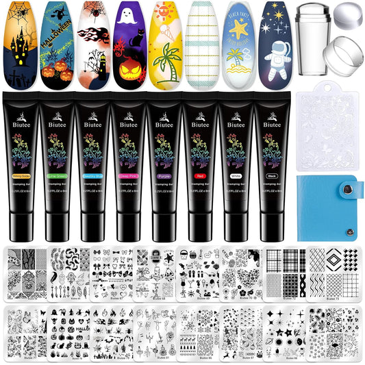 Biutee Nail Stamping Kit 12Pcs Nail Art Stamp Plates 8 Colors Stamping Polish Gel Silicone Stamper