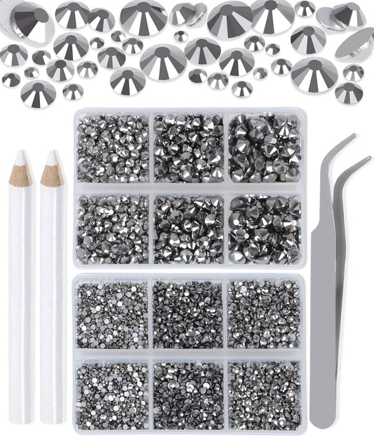 LPBeads 6000 Pieces Jet Hematite Non Hotfix Rhinestones 6 Sizes Round Crystal Glass Flat Back