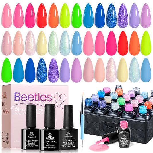 Beetles Summer Gel Nail Polish Set - 20 Color Neon Bright Colors Red Hot Pink Glitter Gel Polish Kit with Base Top Coat Soak Off Uv Led Nail Gifts for Women