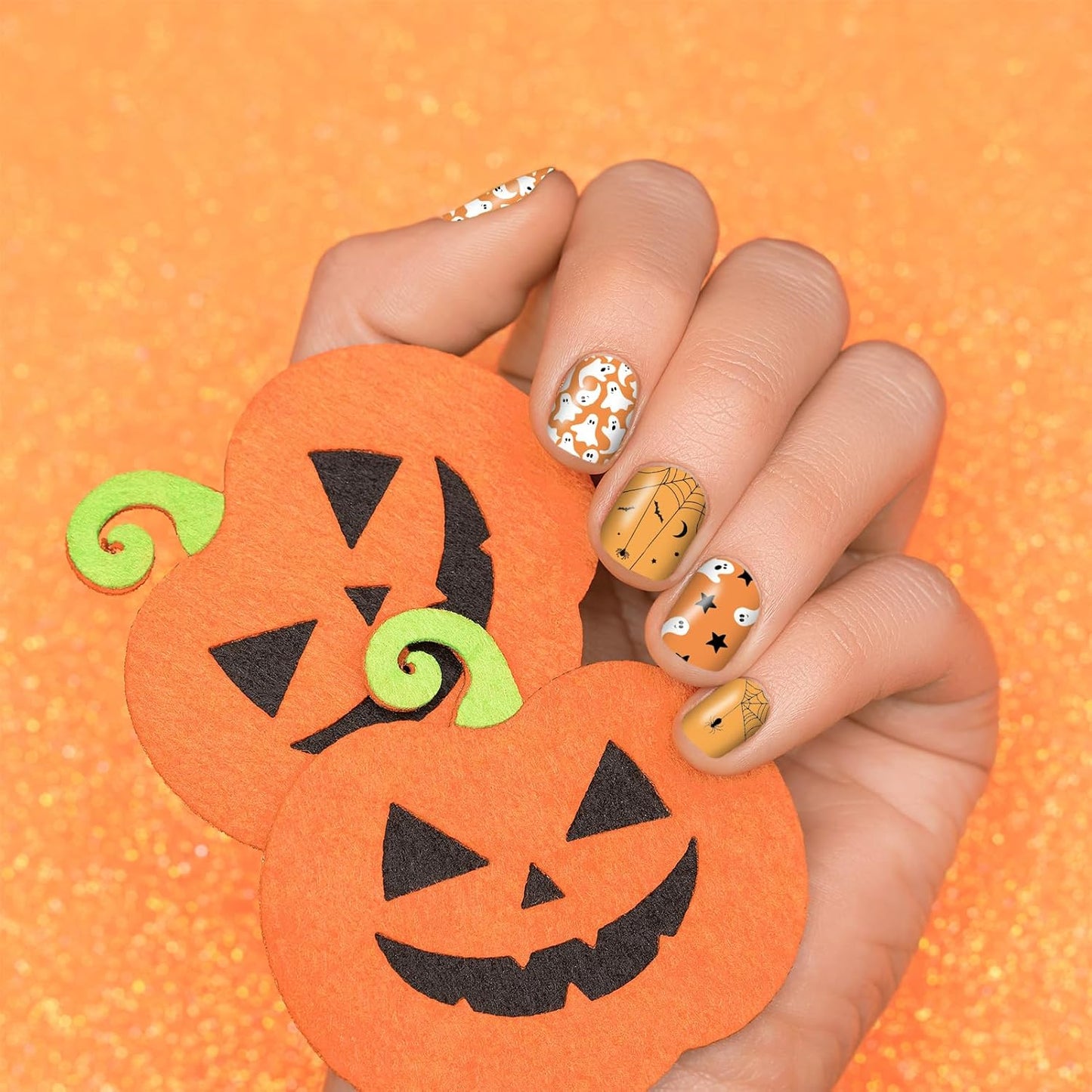 12 Sheets Halloween Nail Wraps Stickers, Nail Polish Strips DIY Self-Adhesive Full Glitter Nail Art Decals Pumpkin Bat Ghost Spider Skull Pattern with 2 Piece Nail Files for Party Decor (168 Pieces)