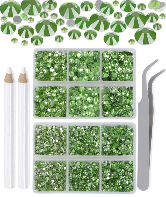 LPBeads 6000 Pieces Light Green Non Hotfix Rhinestones 6 Sizes Round Crystal Glass Flat Back