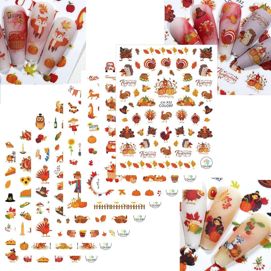 Fall Nail Art Stickers Thanksgiving Day Turkey Pumpkin Nail Decals 3D Self-Adhesive Holiday Maple