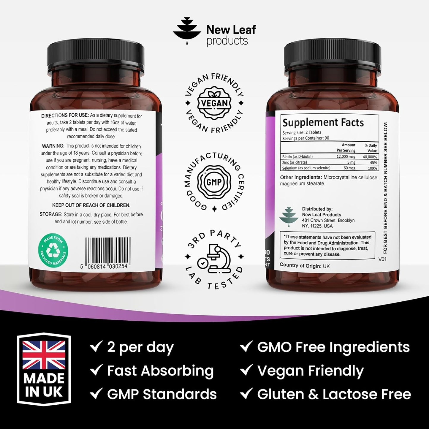 Biotin Hair Growth Vitamins 12000mcg High Strength with Coconut Oil - Promotes Healthy Hair Skin & Nails - Biotin Vitamins for Women& Men Vegan, Gluten Free Supplements - Made in The UK by New Leaf